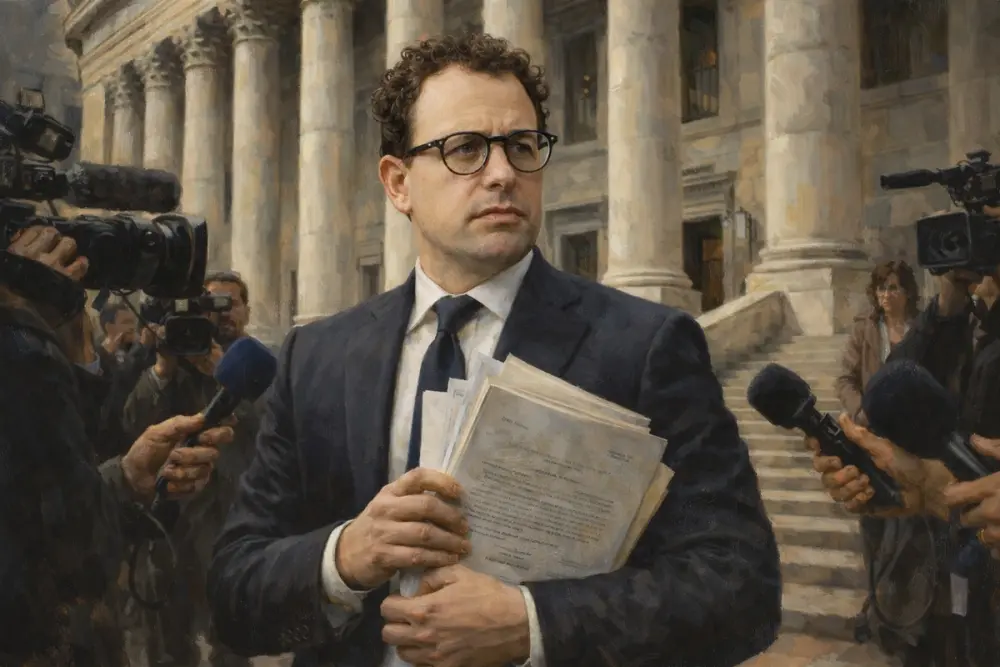 Dario Amodei holding legal documents outside a courthouse.