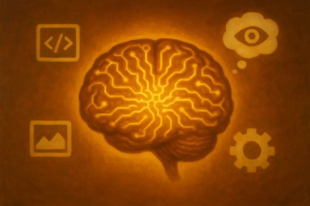 Glowing AI brain with circuit patterns surrounded by code, image, and vision icons