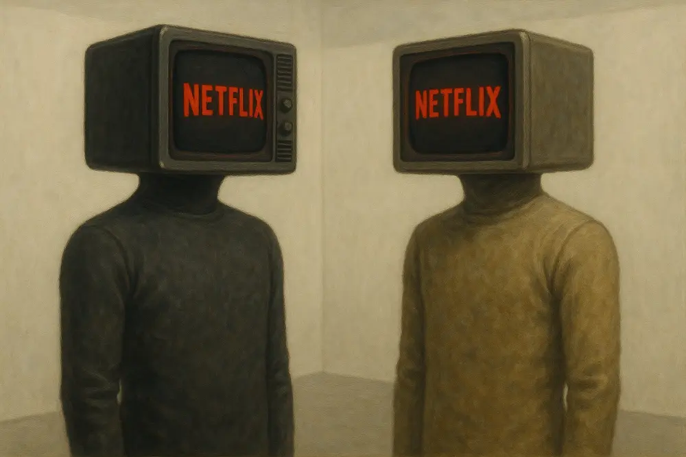 Two humanoid figures with vintage television heads displaying the Netflix logo stand face-to-face