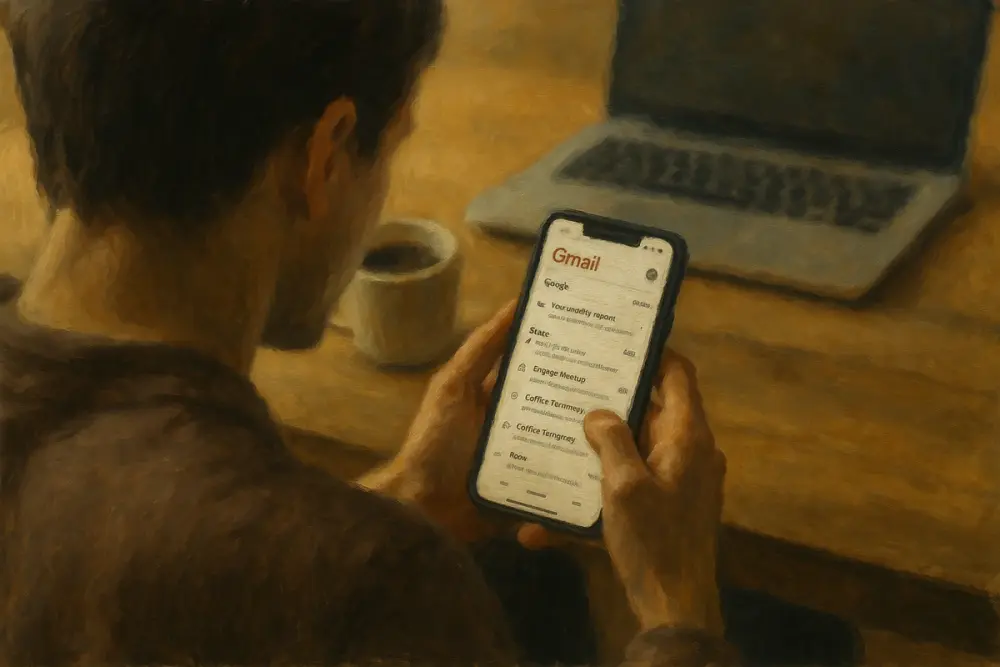 Person checking Gmail on their phone at a desk with coffee and a laptop in the background