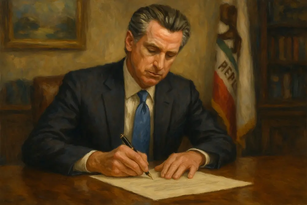 Governor Gavin Newsom signs a document at a wooden table in a government office