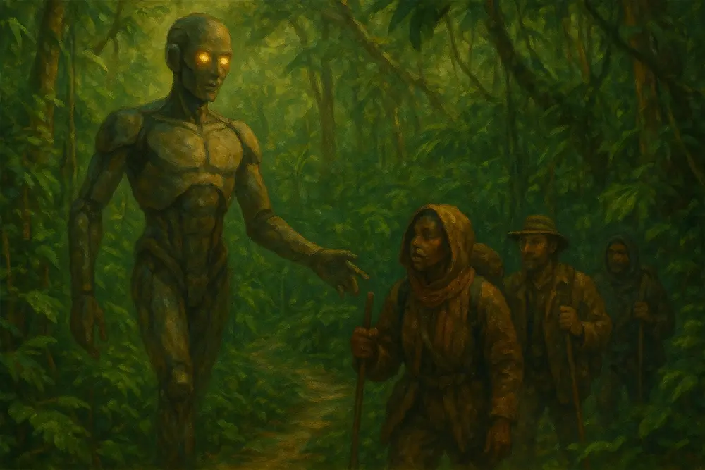 An AI with glowing eyes leads a group of explorers through a dense Amazon forest