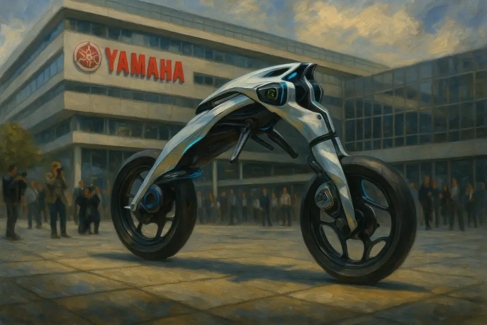 Futuristic Yamaha AI motorcycle displayed outside a modern Yamaha building with onlookers and photographers