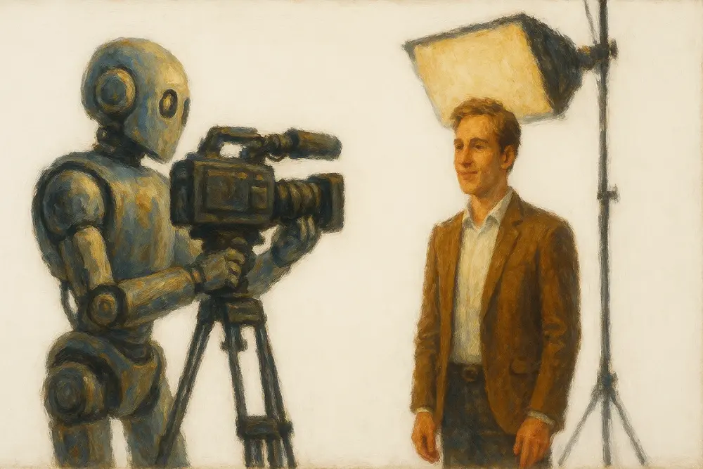 A robot cameraman films a man in a brown suit under studio lights, with a white background