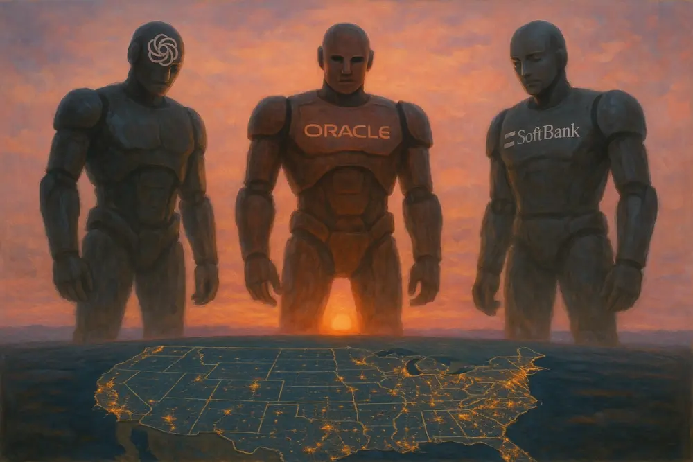 Three towering AI figures labeled OpenAI, Oracle, and SoftBank stand over a glowing U.S. map at sunset