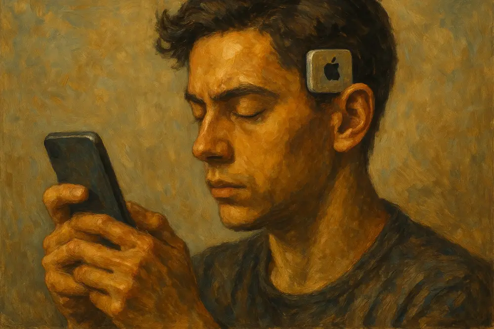 A person holds a smartphone while mentally controlling it through a small Apple-branded chip attached to their temple