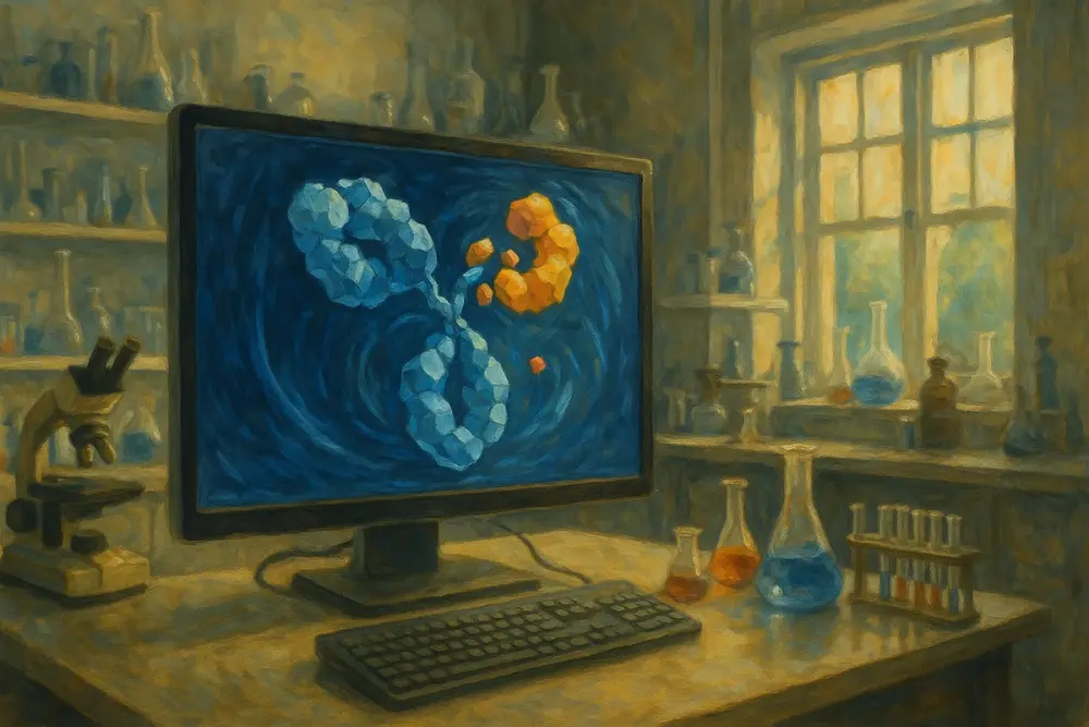 A bright laboratory lit by natural sunlight shows a computer screen displaying a colorful 3D model of an antibody, surrounded by scientific glassware and equipment