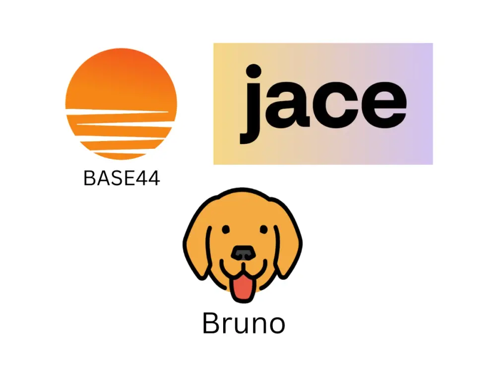 Three logos: BASE44 (sunset), jace (gradient text), and Bruno (cartoon dog)