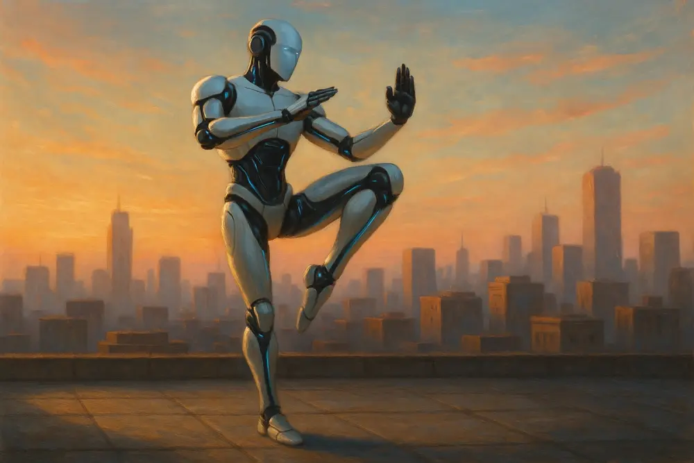 A futuristic white and black robot with glowing blue accents performs a crane kung fu stance on a rooftop at sunrise