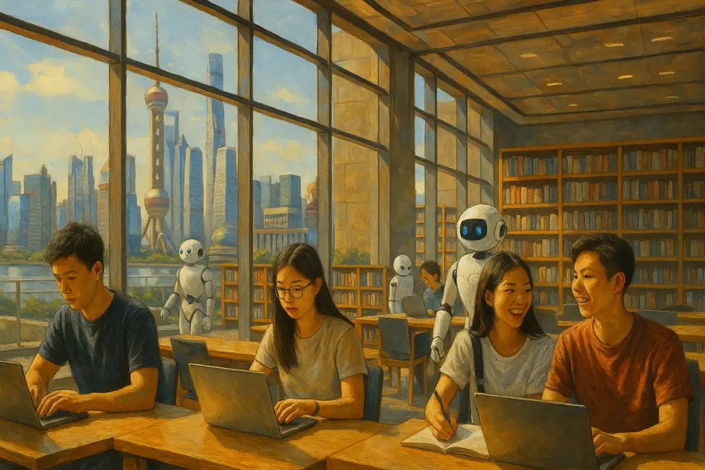 Modern Chinese library with students studying and AI robots assisting