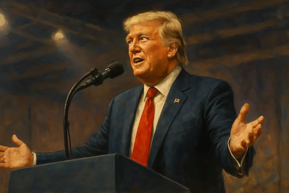 Donald Trump speaking confidently at a podium on an indoor stage, wearing a suit and red tie