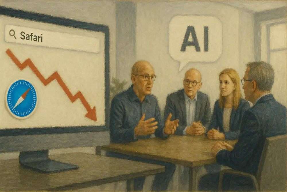 Four executives discuss AI in a modern office as a screen shows Safari with a downward arrow