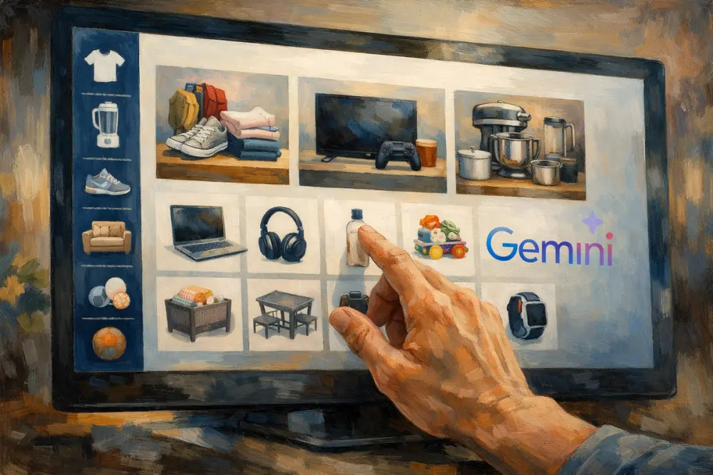 Hand browsing products on a digital shopping screen with a Gemini logo