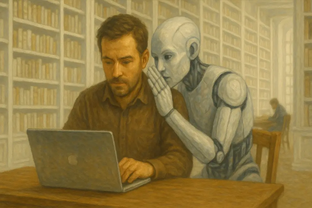 A human works on a laptop at a wooden table in a bright white library, while an AI leans in close, whispering