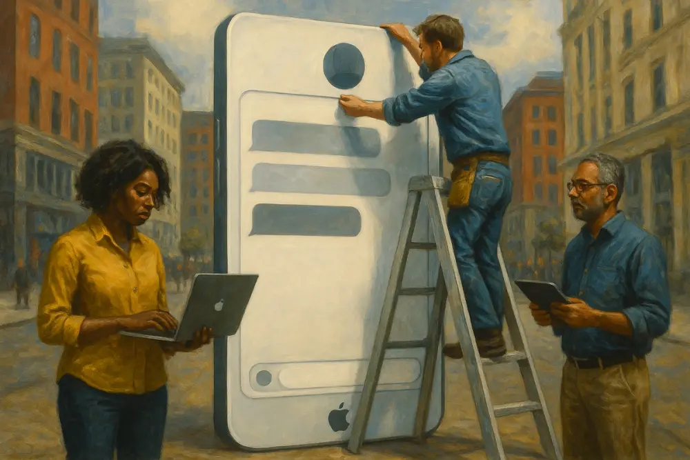 Three tech engineers assemble a large Apple-style chat screen in a city center