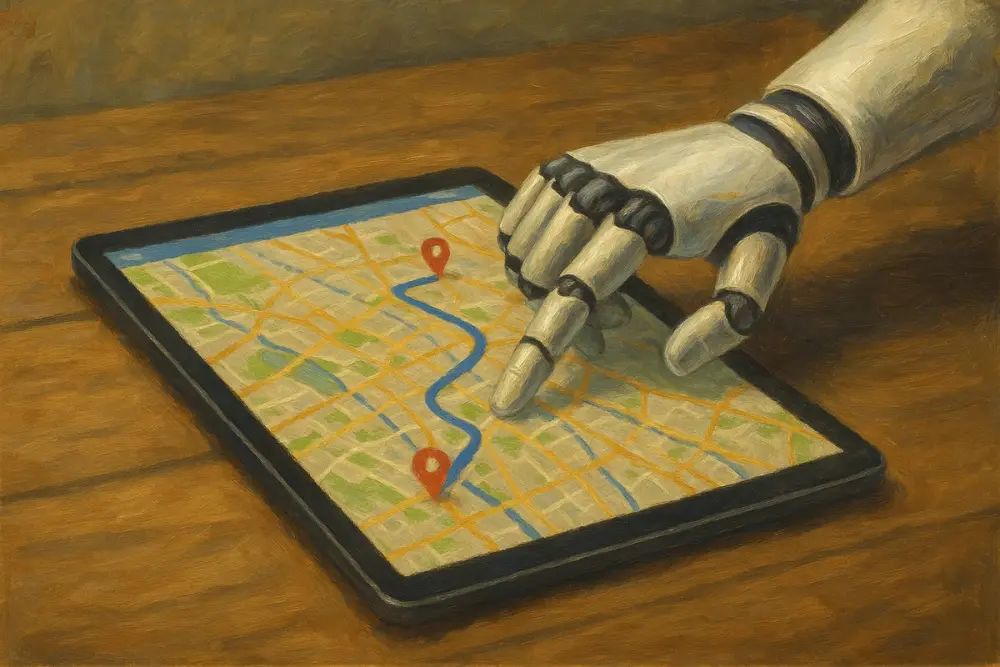 A robotic hand interacts with a tablet displaying a detailed digital map with routes and location pins