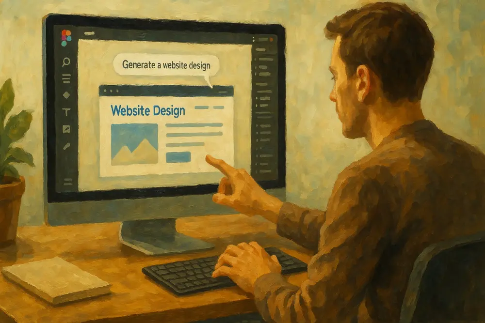 A designer types on a keyboard while a computer screen displays a Figma interface generating a website design