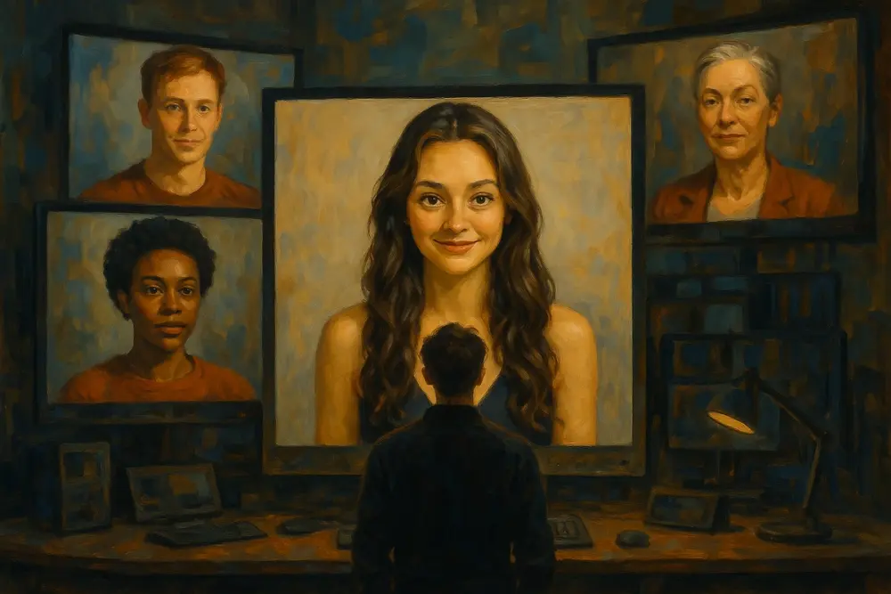 A creator stands before screens showing diverse digital characters