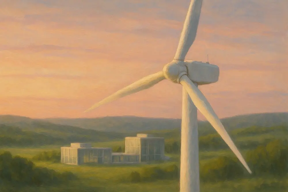 White wind turbine at sunset over green hills and glass buildings
