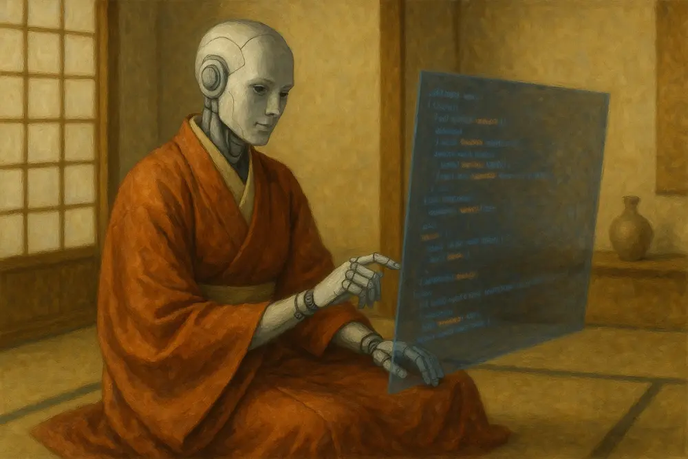A humanoid robot wearing a traditional Japanese kimono sits in a serene room, focused on editing code displayed on a holographic screen
