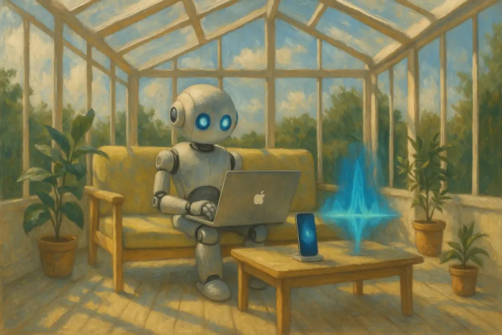 A robot works on a MacBook in a glass sunroom as Siri’s holographic waveform glows beside an iPhone