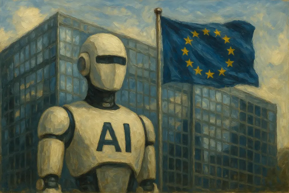 Robot labeled “AI” stands before a glass building with the EU flag waving
