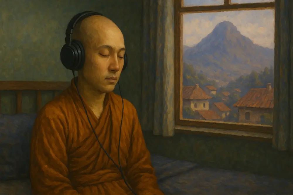 monk in orange robes sits peacefully on a bed, wearing large black headphones, with eyes closed