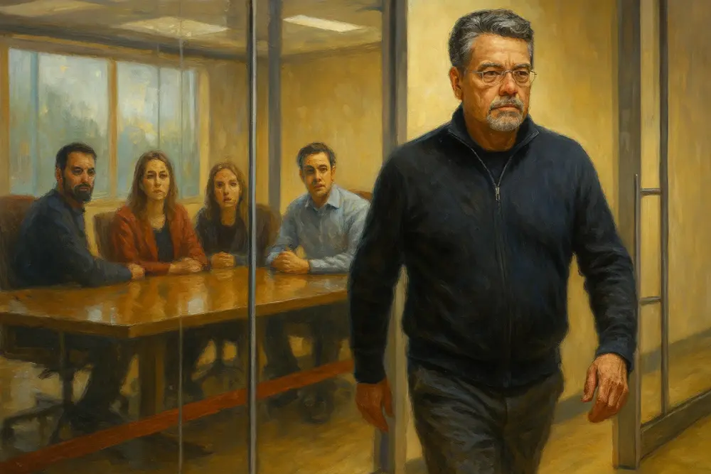 John Giannandrea walking out of a glass-walled conference room