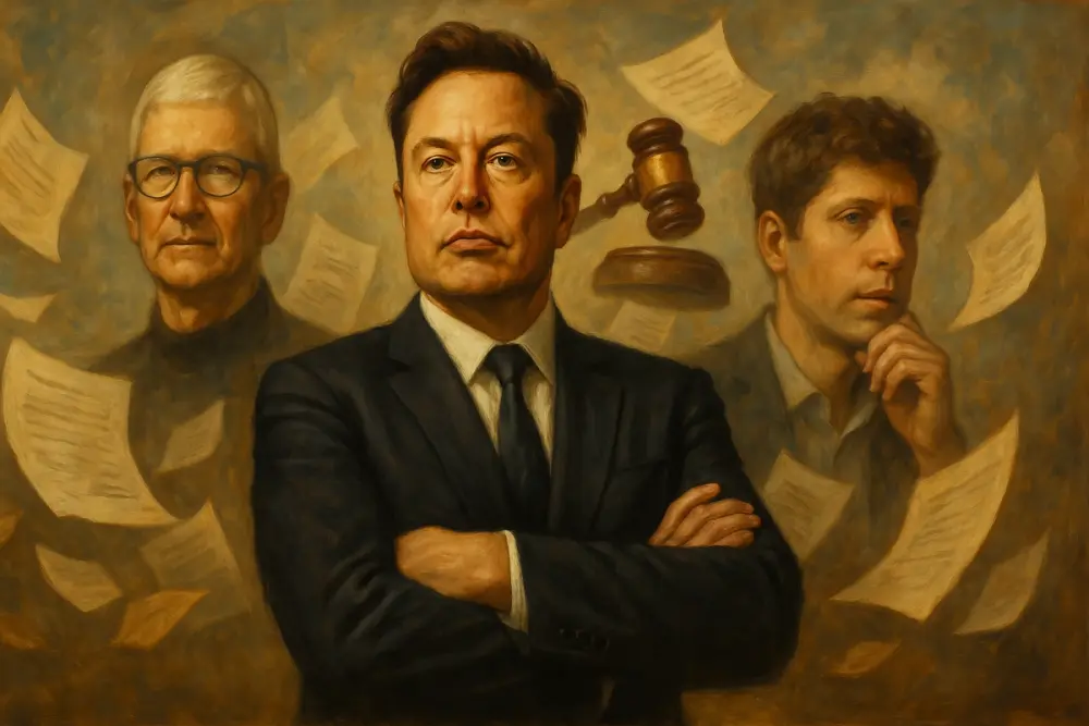 Elon Musk in a suit with arms crossed, with Tim Cook and Sam Altman behind him