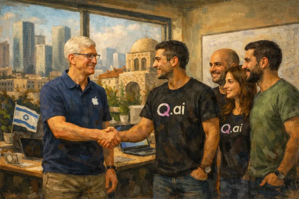 Tim Cook shaking hands with an Israeli startup team