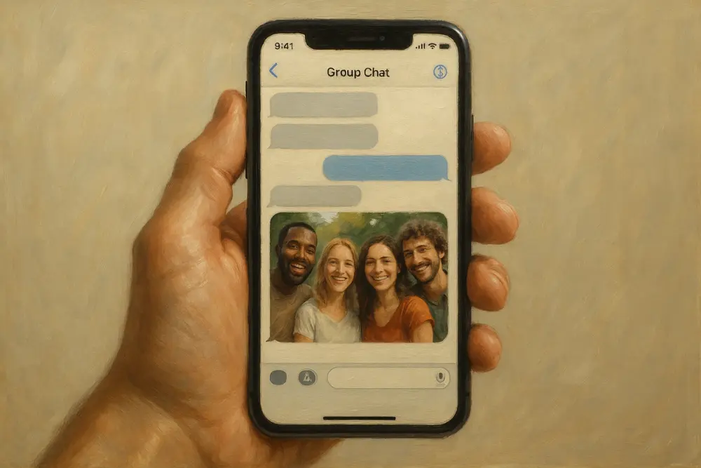 Hand holding an iPhone showing a group chat with a photo of smiling friends