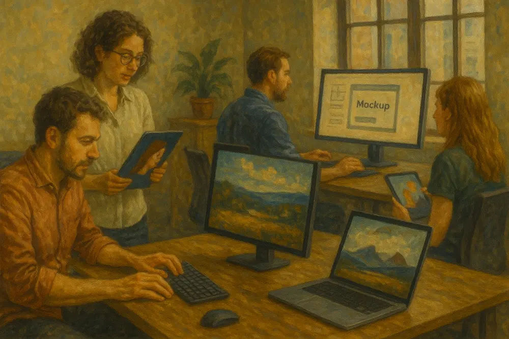 Four developers collaborate in a bright office, each working on devices displaying different visuals