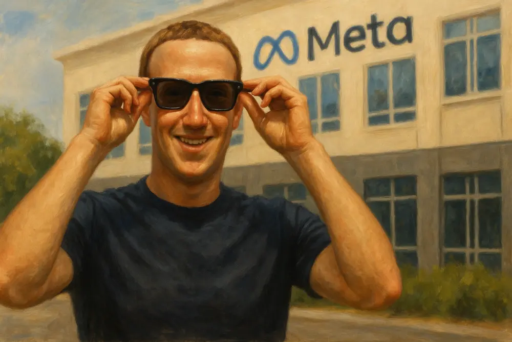 Mark Zuckerberg smiles while adjusting Meta smart glasses, standing in front of a Meta office building