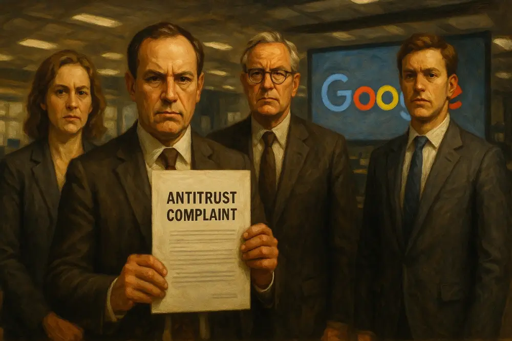 Four serious-looking European news publishers stand in a newsroom, one holding a document titled “Antitrust Complaint,” with a large Google logo displayed on a screen behind them.