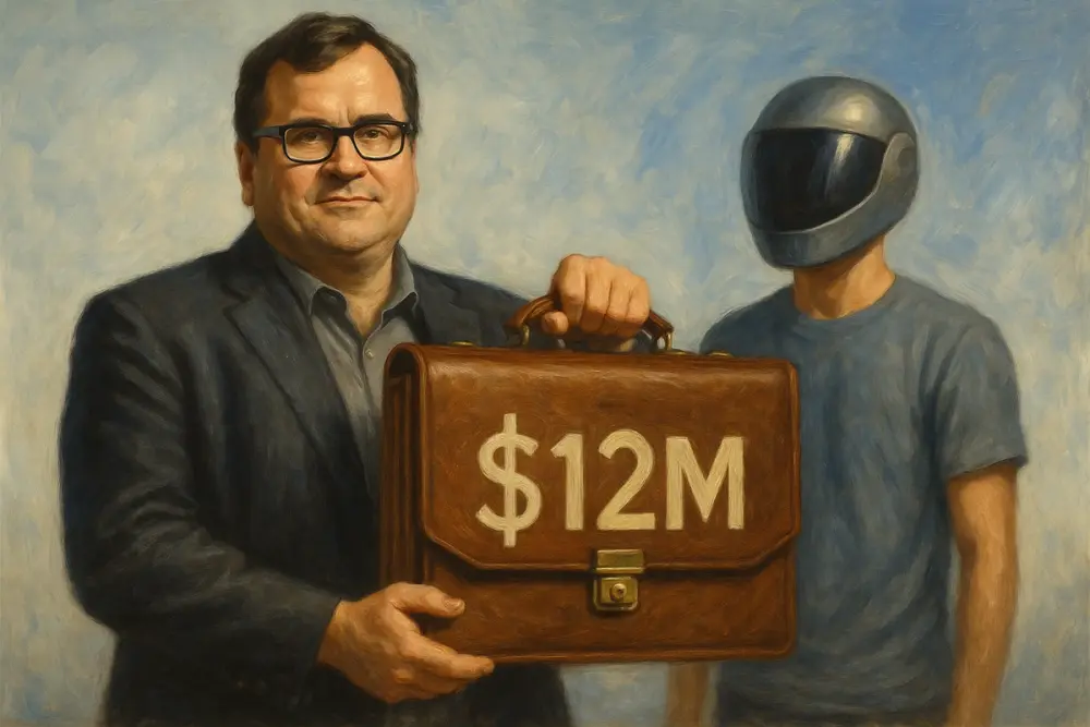 Reid Hoffman stands holding a brown briefcase labeled "$12M" as a person in a futuristic helmet stands behind him