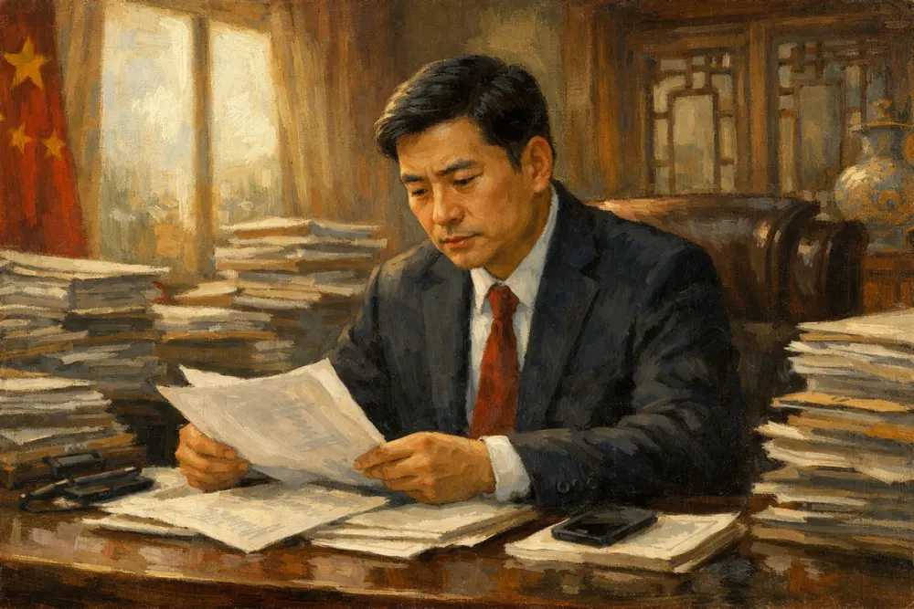Chinese official reviewing documents at a desk
