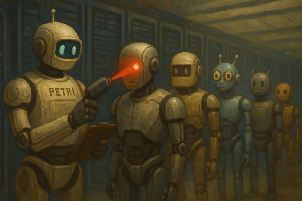 Petri the robot inspector scans another bot with a red beam in a server room