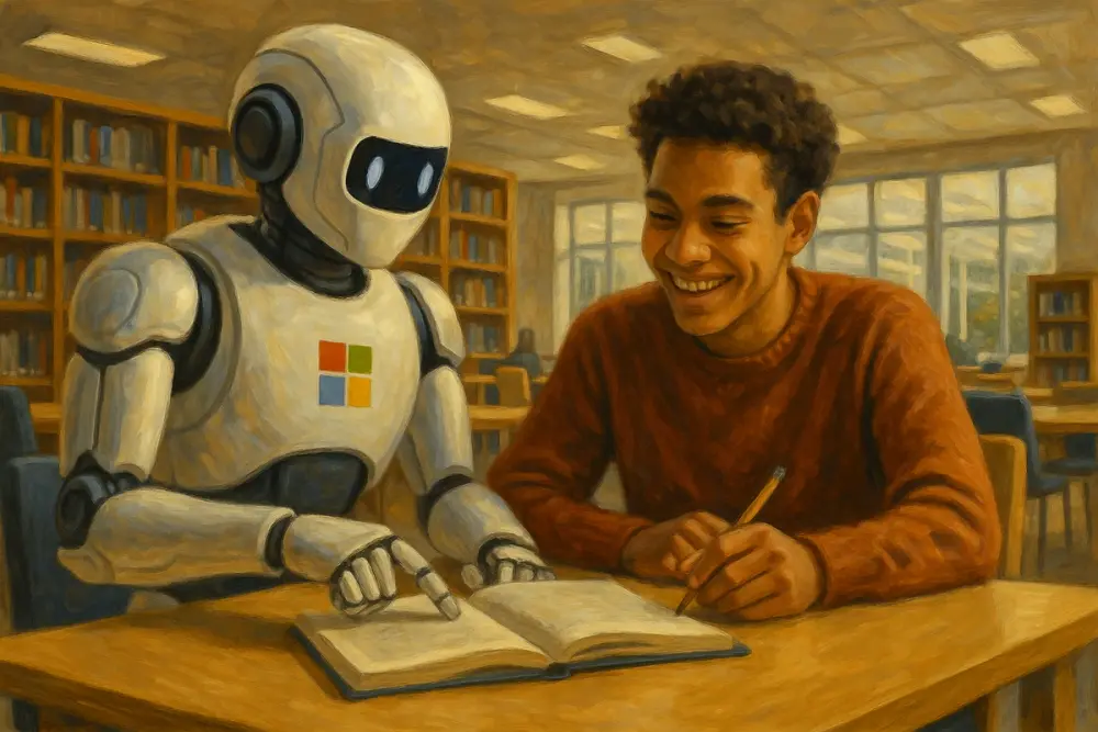 Microsoft robot tutoring a student in a bright modern library