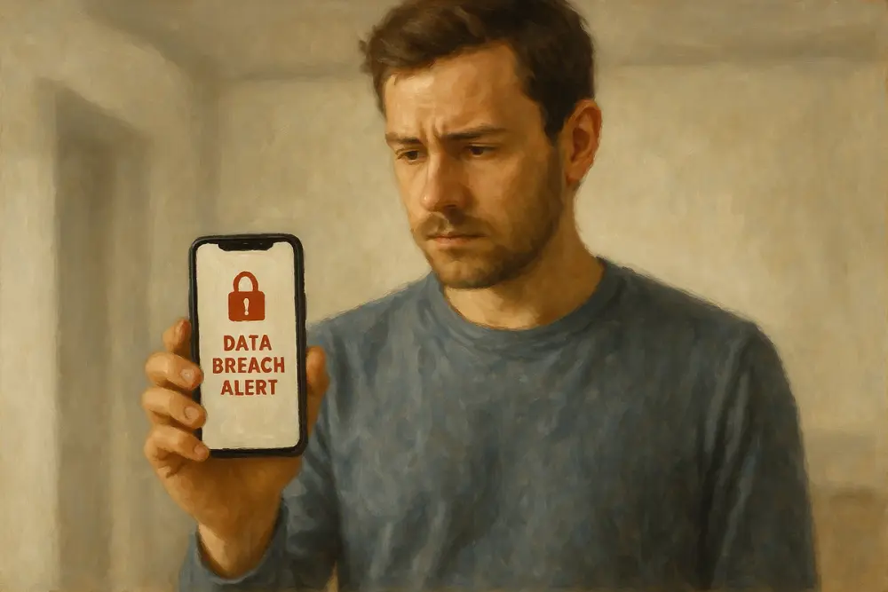 Person holding a phone showing a “Data Breach Alert” notification