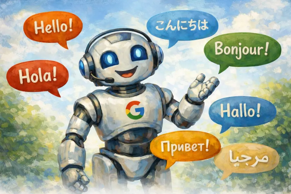 Translation robot with a Google logo and multilingual speech bubbles