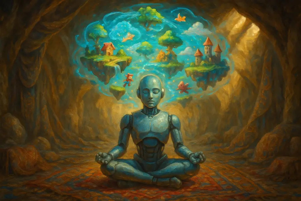 A meditating AI imagines a glowing holographic game world in a mystical cave