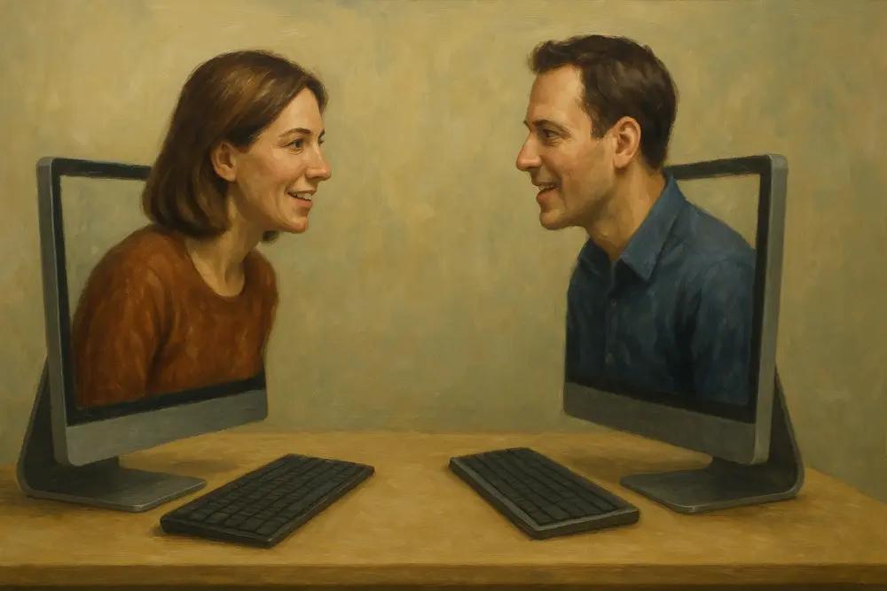 Two people emerging from computer screens, facing each other and talking