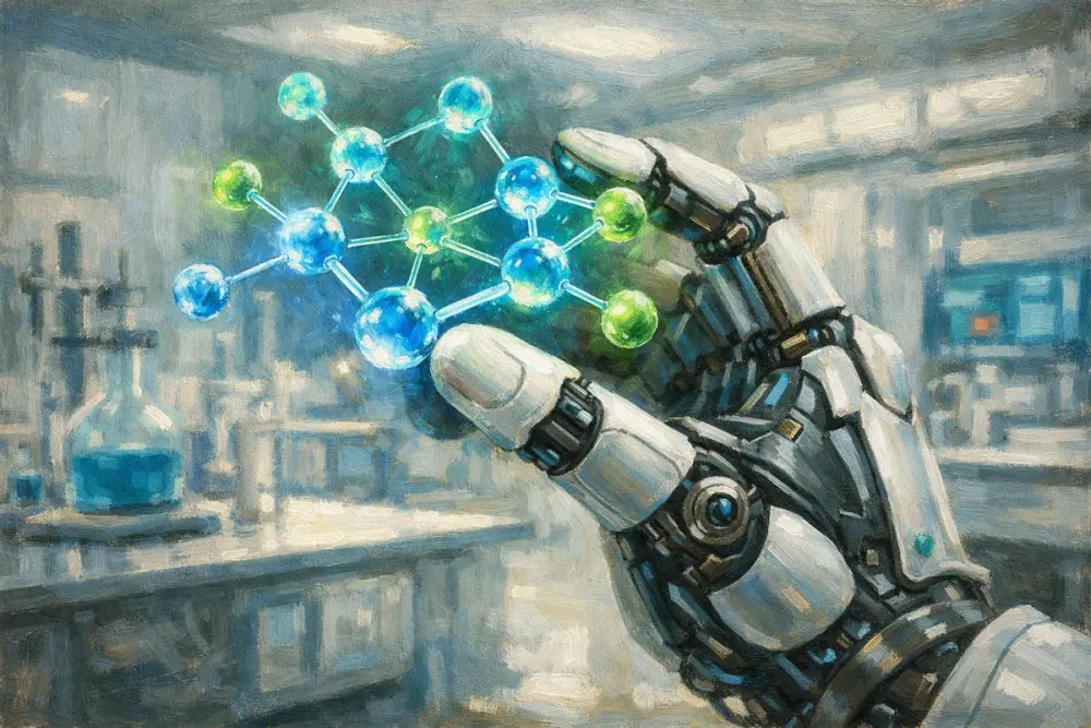 A robotic hand holds a glowing blue-green molecular model in a futuristic lab.