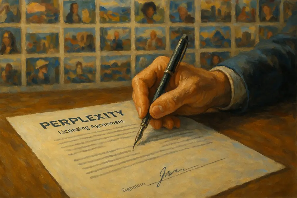 A hand signs a Perplexity licensing document on a desk