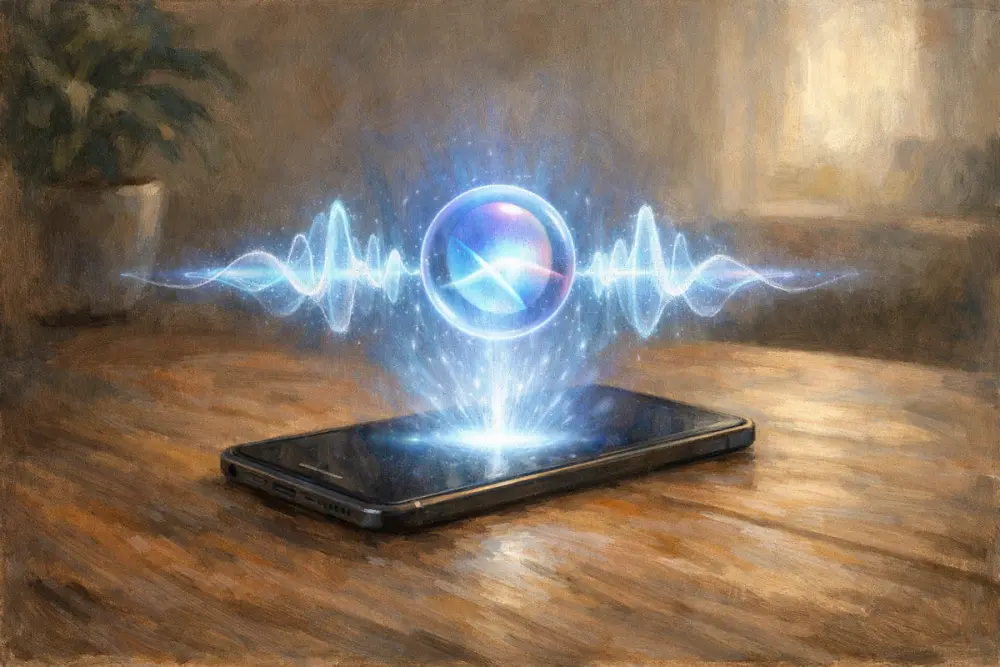 A smartphone on a wooden table projecting a glowing blue holographic Siri interface.