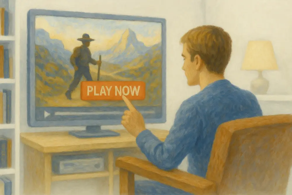 A man sits in a bright white room, pointing at a "PLAY NOW" button on a TV screen showing a hiker in a mountain landscape