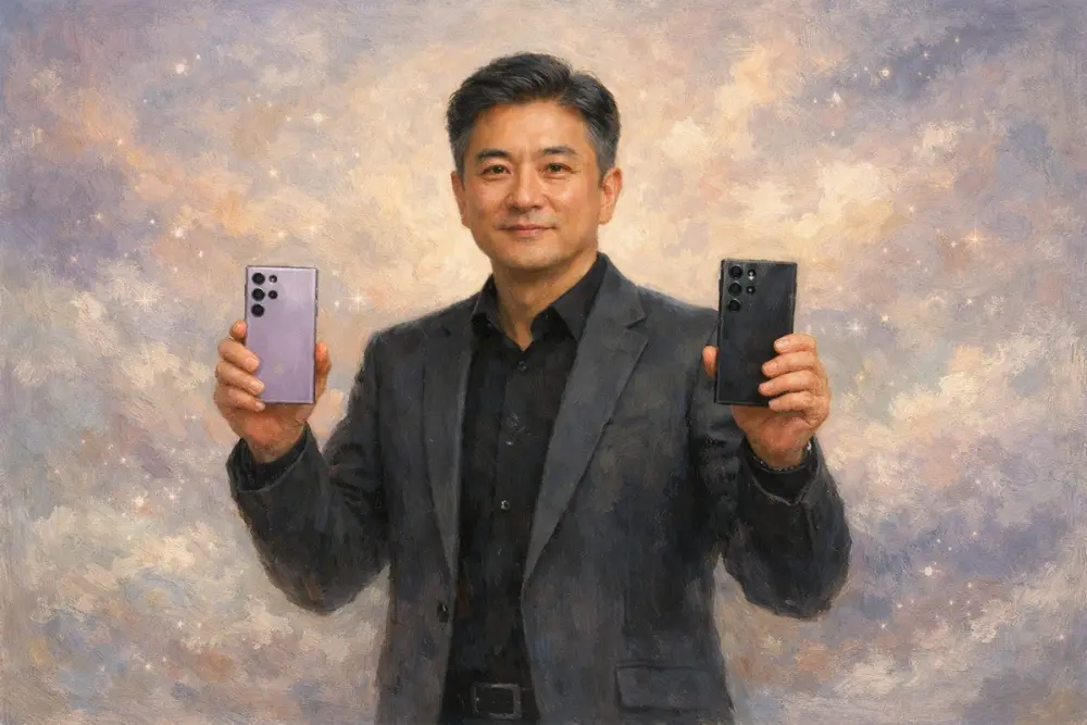 Roh Tae-moon holds two Samsung phones in a pastel galaxy scene.