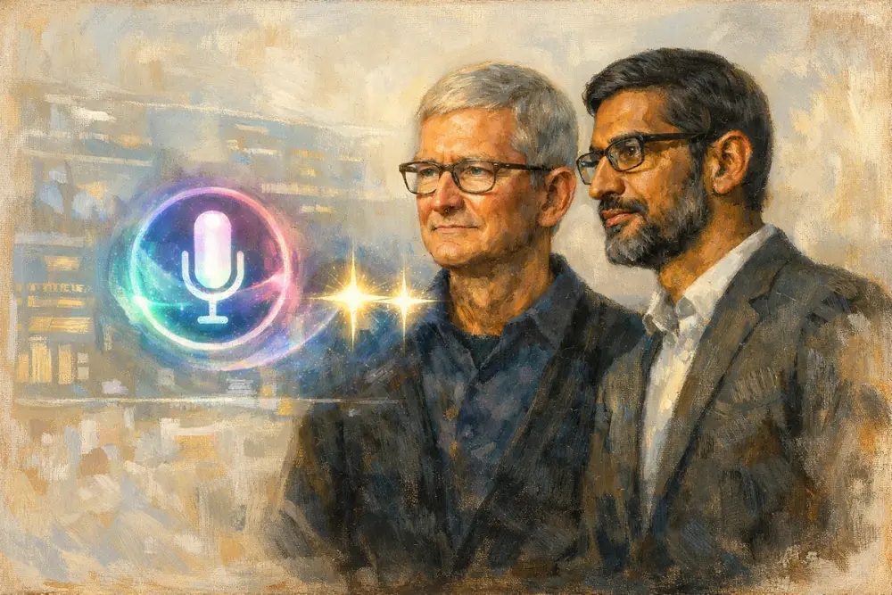 Tim Cook and Sundar Pichai study a glowing holographic interface with Siri and Gemini icons