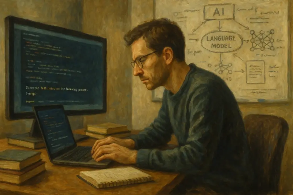 An AI researcher with glasses types on a laptop, surrounded by books and a whiteboard of AI diagrams