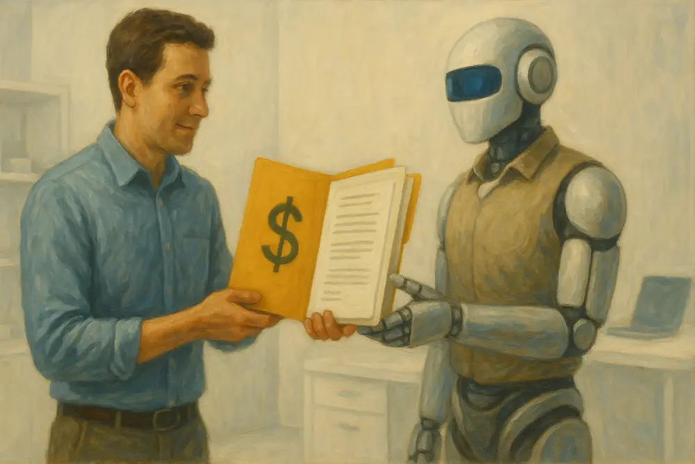 A person hands an open budget folder with a dollar sign to an AI